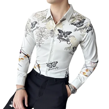 Fashionable and trendy long sleeved men's shirts, fashionable printed shirts, and men's slim fit trendy brand shirts