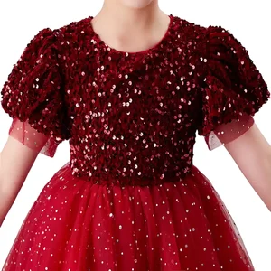 Wholesale Hot Sales Short Sleeve Red Girls Dresses Cute Customized Mesh Girls Party Dress