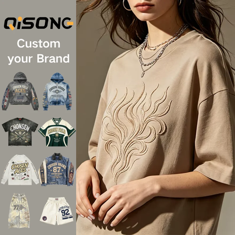 Qi'song Guangzhou Clothing Vendor Wholesale Custom Embroider Logo Graphic Pattern Streetwear Oversized Women's Men's T-Shirts