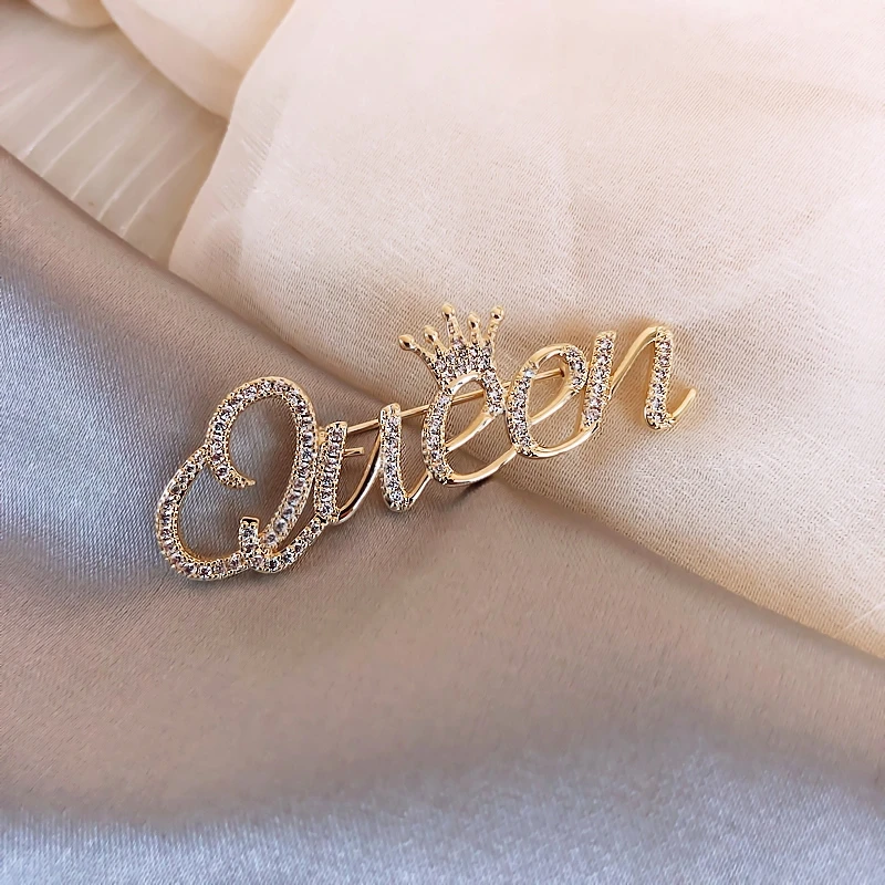 Personality Queen Alphabet Zircon Crown Custom Name White Gold Plated Fashion Brooch