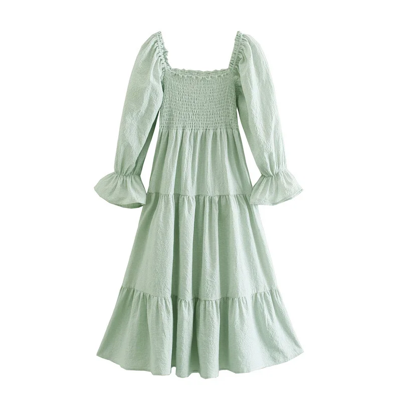 Off The Shoulder Design Green Plaid 