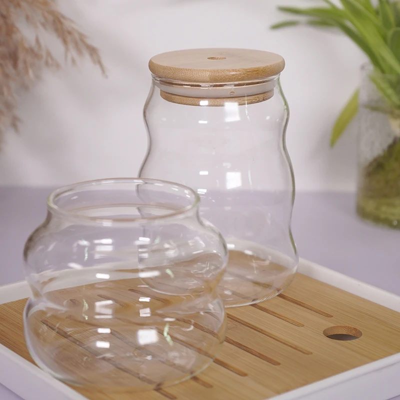 New product Unique Shaped Borosilicate glass cup with bamboo and wood lid details