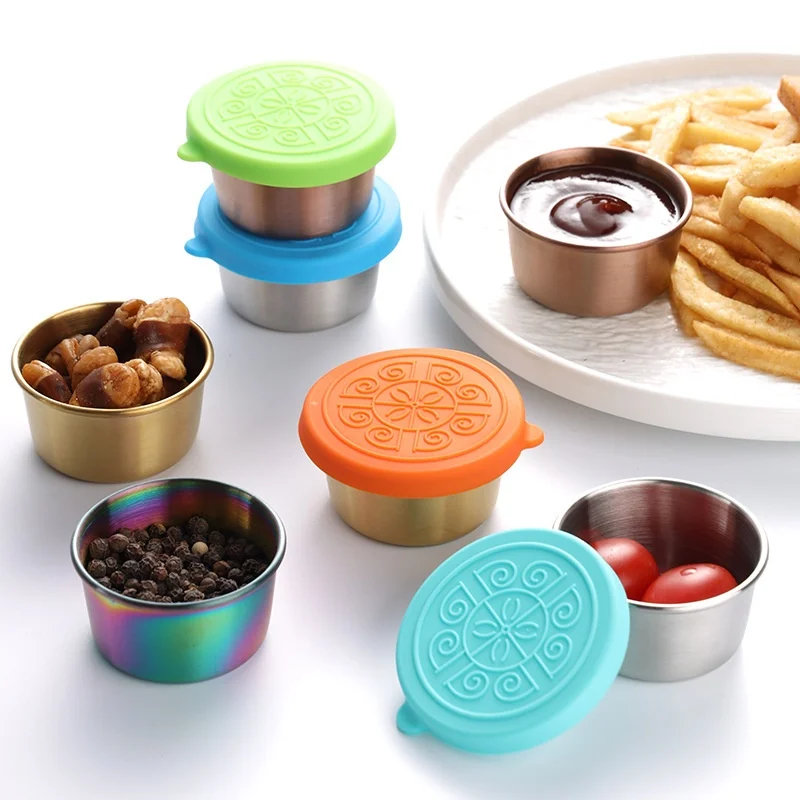 Sauce Cup Lid 304 Stainless Steel Dipping Sauce Cup Silicone Lid Leak-Proof Fresh-Keeping Seasoning Dish