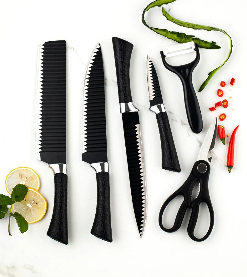 Promotion Professional Tools Chef Bread Slicing Knife Kitchen Scissor Vegetable Fruit Peeler 6pcs Kitchen Knife Set