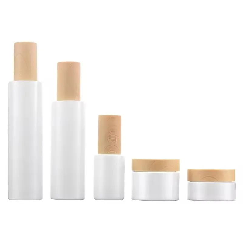 Factory cylinder container 30g50g30ml100ml120ml bamboo cap cosmetic frost skincare packaging glass set