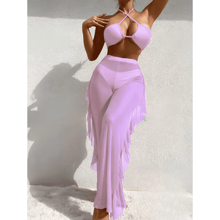 Hot Models Solid Color Mesh Bikini Ruffled Pants Bikini Solid Color Swimsuit Wholesale