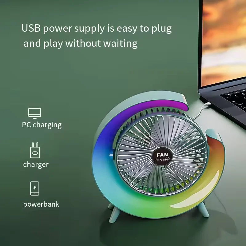 3 Speeds With Colorful Light Personal Fan 180 Degree Rotatable Desktop Fan for Home Office Bedroom Dorm Summer Gift