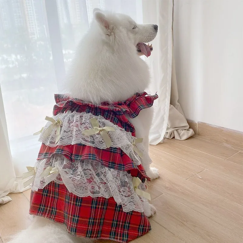 Dog Clothes Pet Dress Red Plaid Lace for Samoyed Labrador Medium and Large Dogs Dog Clothes Pet Dress Red Plaid Lace for Samoyed Labrador Medium and Large Dogs