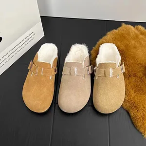 Autumn and Winter Birkentock Flat Shoes Without Heels Casual Round Toe with Fleece and Warm Fur Cork Women's Shoes Fur Slippers
