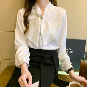 Women's Top Autumn Loose Fit Polyester-Silk Blend Fashionable Versatile Bow Tie Long-Sleeve Shirt