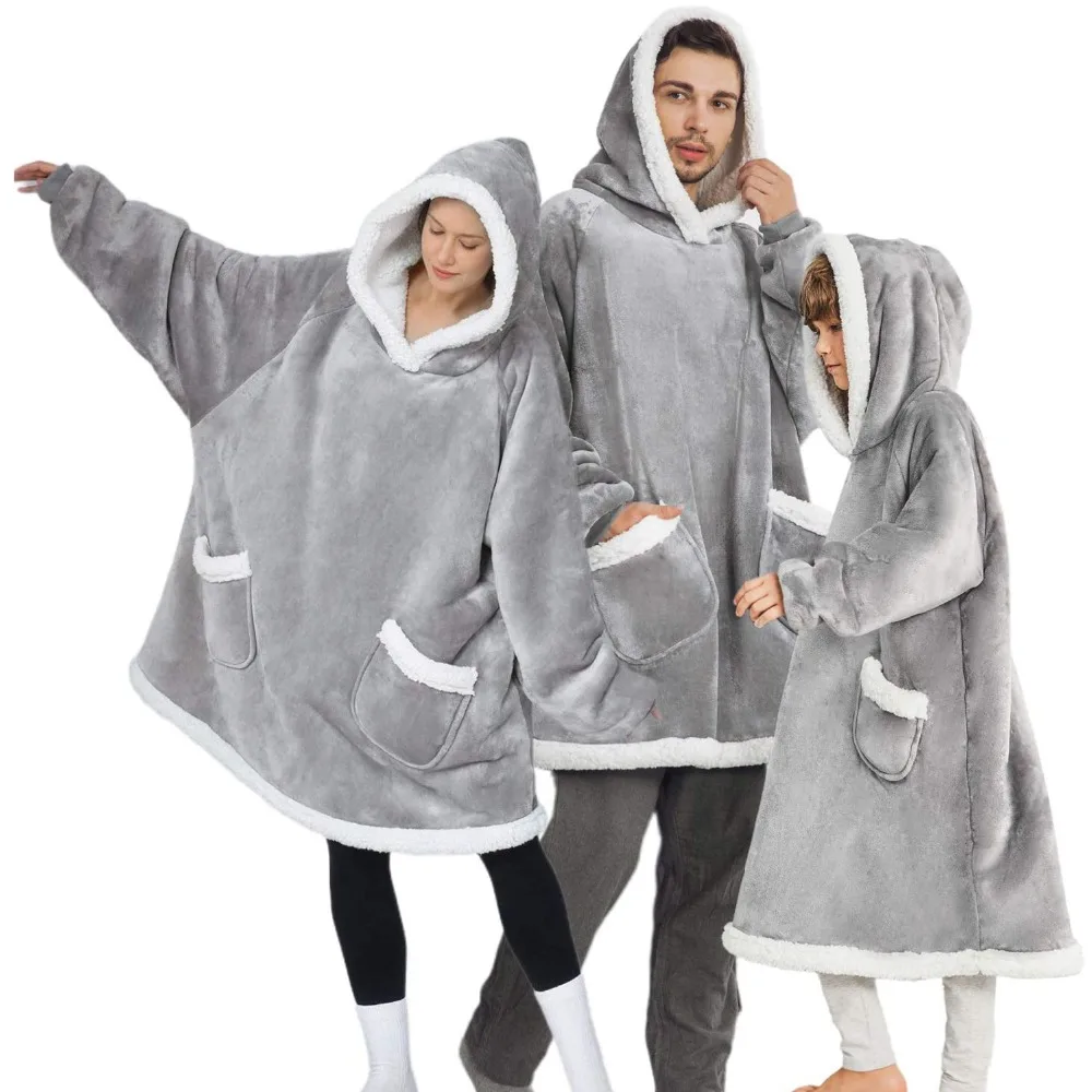 Sherpa Winter Custom Solid Short Polyester Fleece Throw Blanket Hoodie Grey Custom Design Modern Flannel Knitted Raschel Blanket