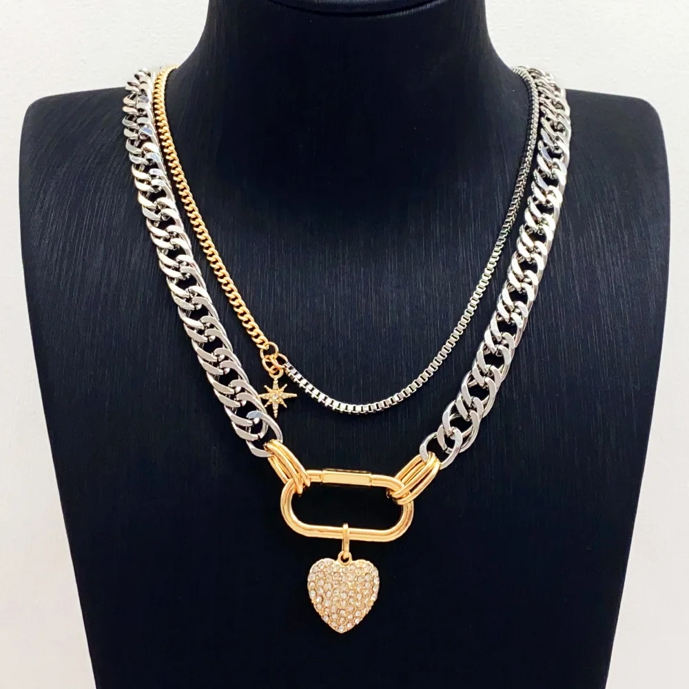 Hot Sale Customized Double-Layered Alloy Crystal Heart Pendant Necklace for Women Gold Plated Link Chain Vintage Style Star