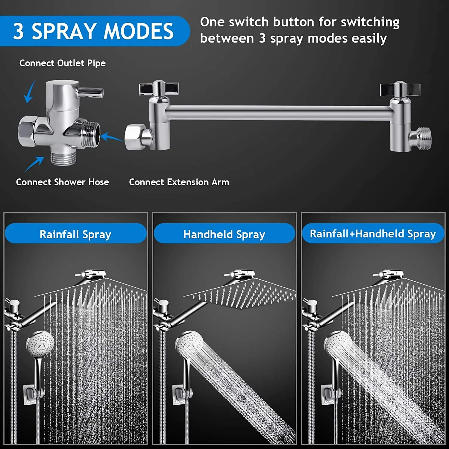 10 Inch High Pressure Rain Shower Head Combo,with 11 Inch Adjustable Extension Arm and 5 Settings Handheld Shower