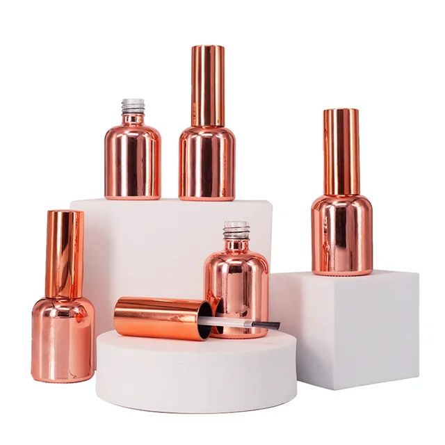 Custom logo 10ml electroplated rose gold nail oil empty polish glass bottle with brush