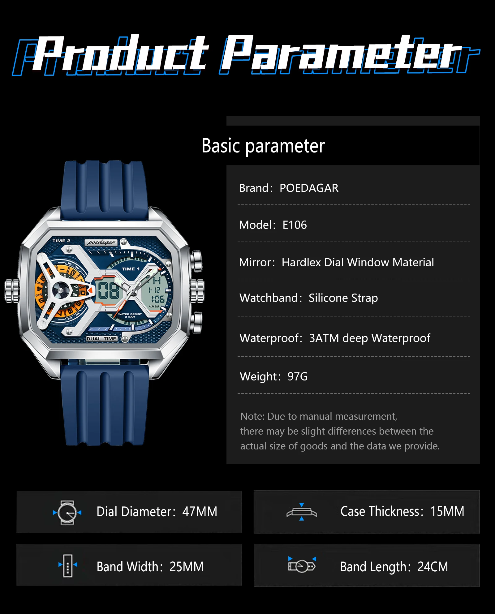 POEDAGAR E106发光时尚商务石英品牌双显示数字防水运动硅胶表带男士手表