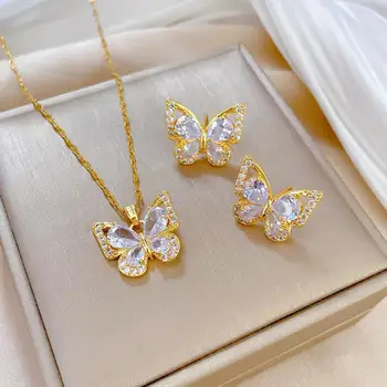 custom Titanium steel Zircon butterfly light luxury micro inset personality banquet necklace earrings set