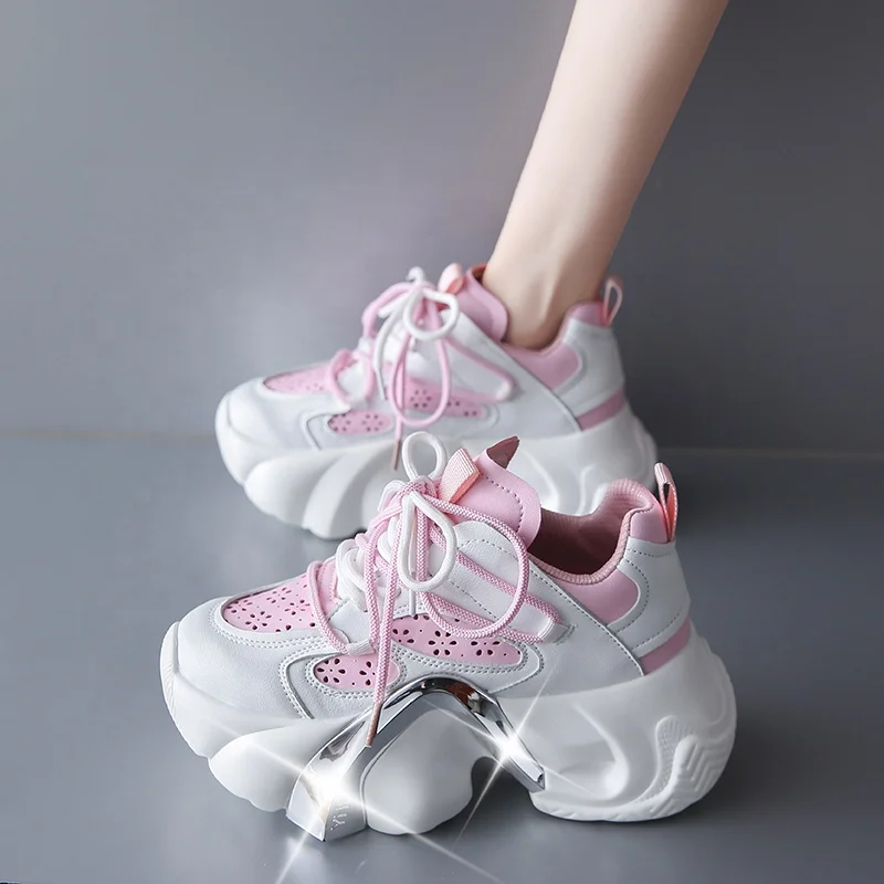 2023 Summer Chunky Sneakers Women High Platform Breathable Mesh Sports  Shoes 7CM Wedge Heels Woman Hollow Leisure Shoes