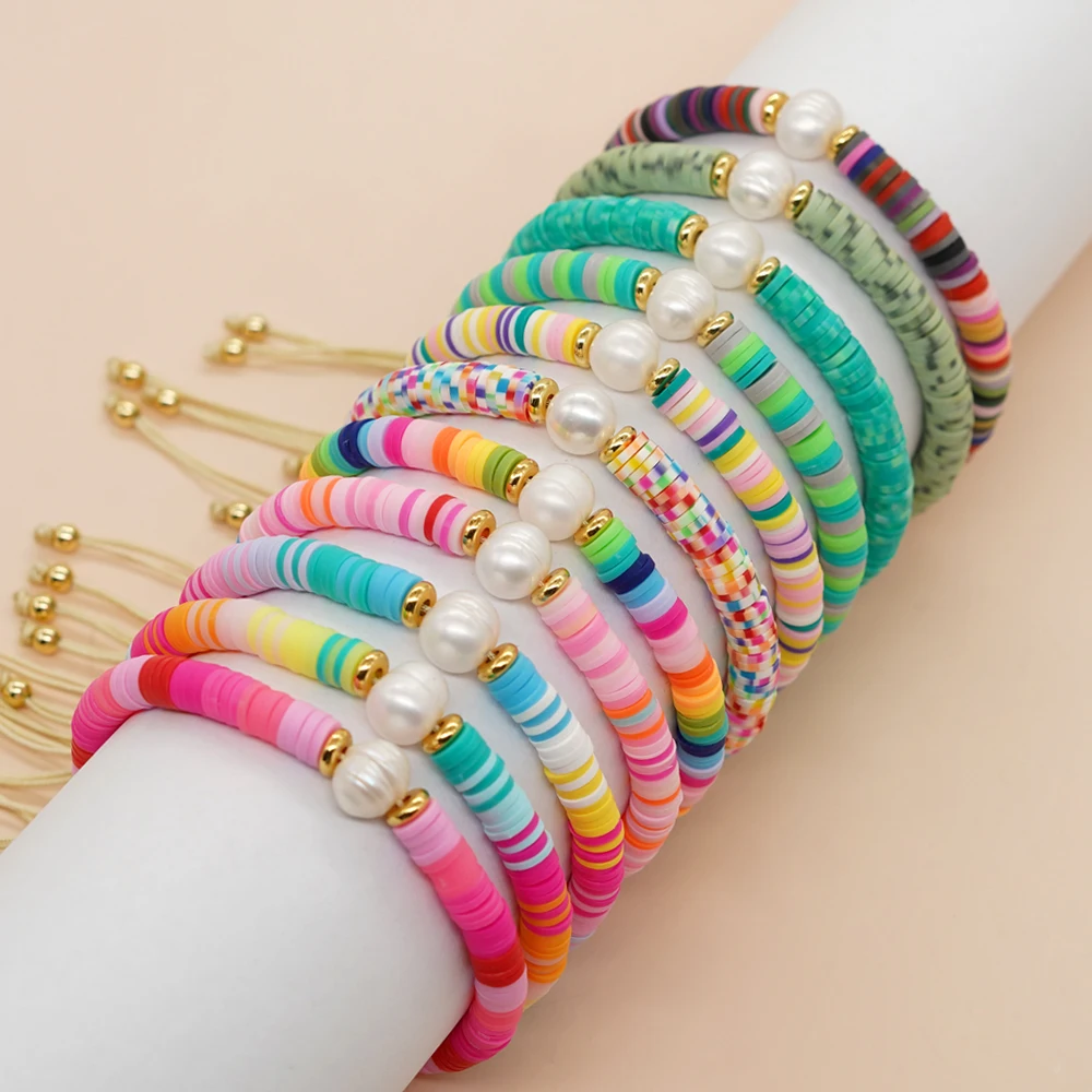 Heishi Surfer Bracelet Set - Colorful African Vinyl Disc Beads & Metal Ball Stretch Bracelets For Women