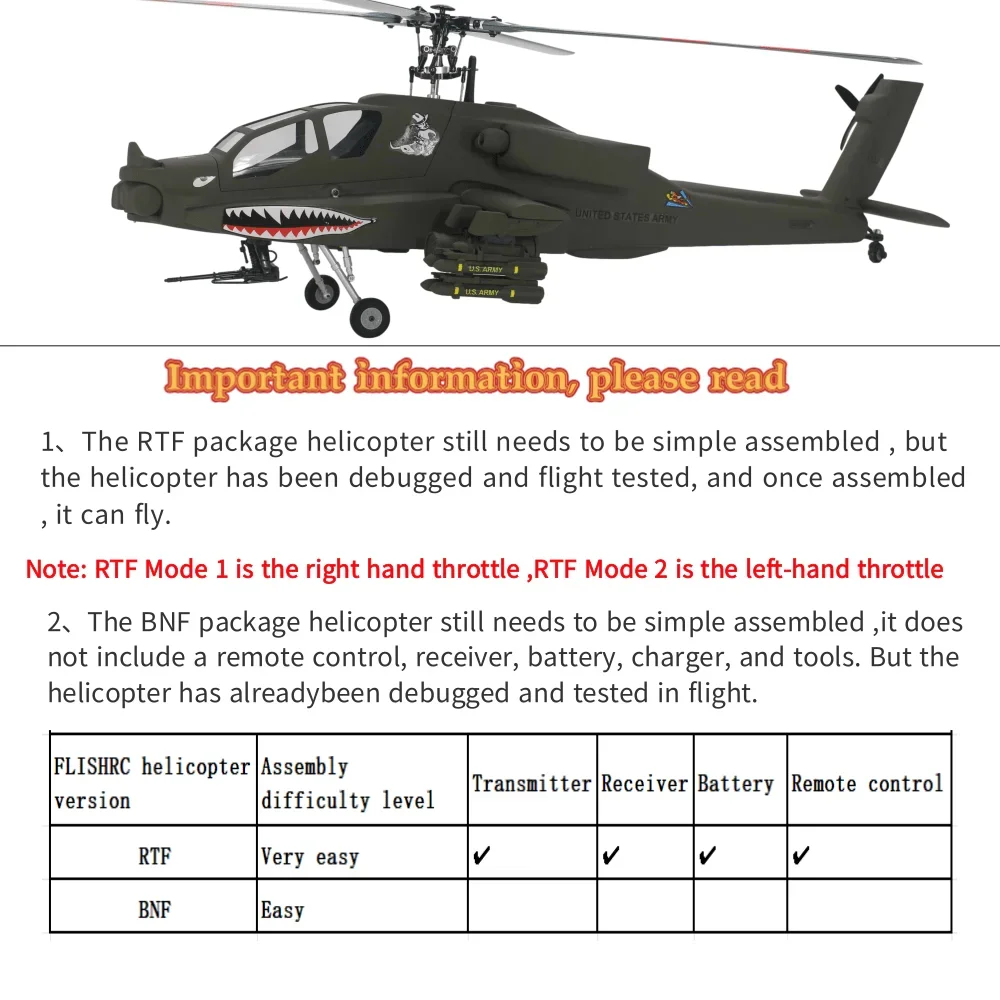FLISHRC Roban AH-64 Apache 500 Size Scale Helicopter Four Rotor Blades GPS with L7 Flight Control RTF