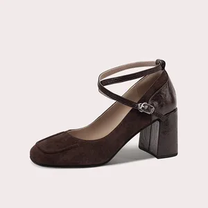 Lily Wei Comfortable Block Heel Pumps Brown Suede Ankle Strap Round Toe Retro Cross-strip Mary Jane Shoes