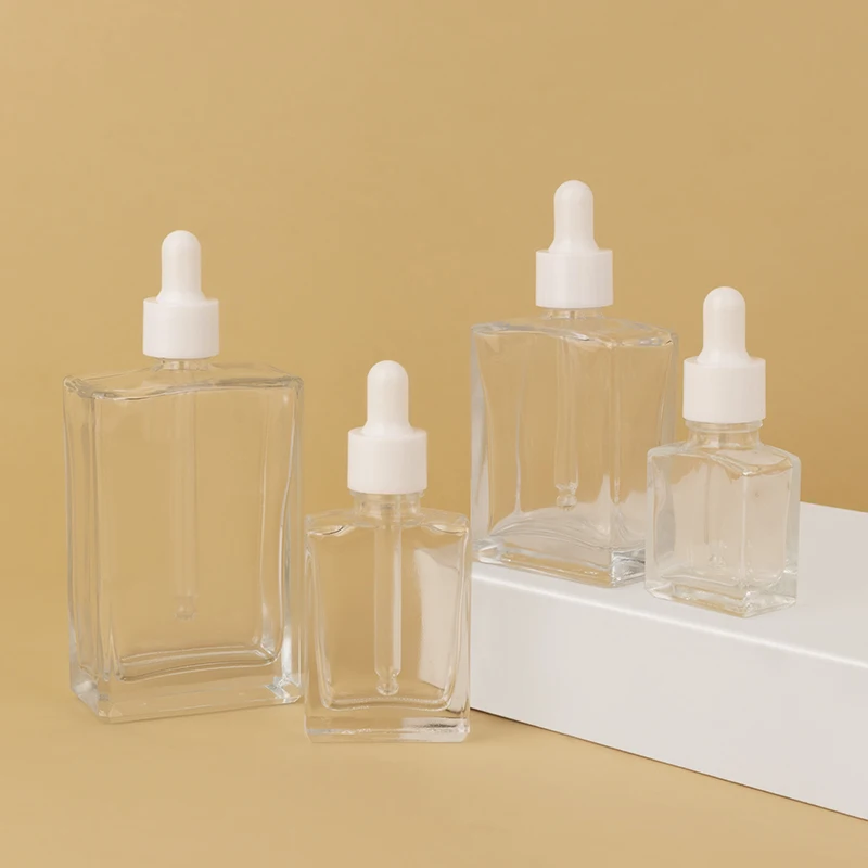 Luxury custom square cosmetic clear 15ml 30ml 50ml 100ml face hair glass serum essential oil dropper bottle details