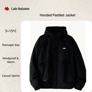 OEM Men's Hooded Loose Thick 100% Polyester Fabric Casual Spring Puffer Jacket Breathable Long Zipper Front Logo