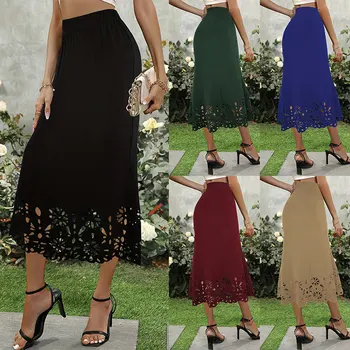 Women's Black Solid Hollow Out Trumpet Midi Skirt Back Zipper High Waist Elegant Plus Size Skirts