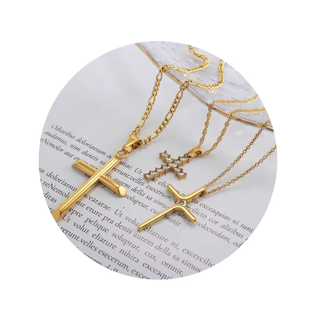 Waterproof Non Tarnish Necklaces Bijoux Acier Inoxydable 2023 Sparkling Cubic Zirconia Religious Christian Gold Cross Necklace