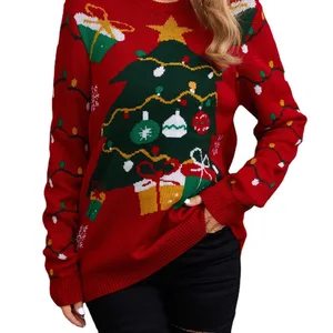 Women's Christmas Tree Jacquard Sweater Winter Long Sleeved O Neck Pullover Casual Knitwear With Print Pattern