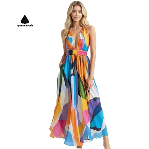 Women Colorful Geometric Print Halter Neck Maxi Dress Deep V Light Vibrant Printed Daily Strolls Casual Beach Natural Waist