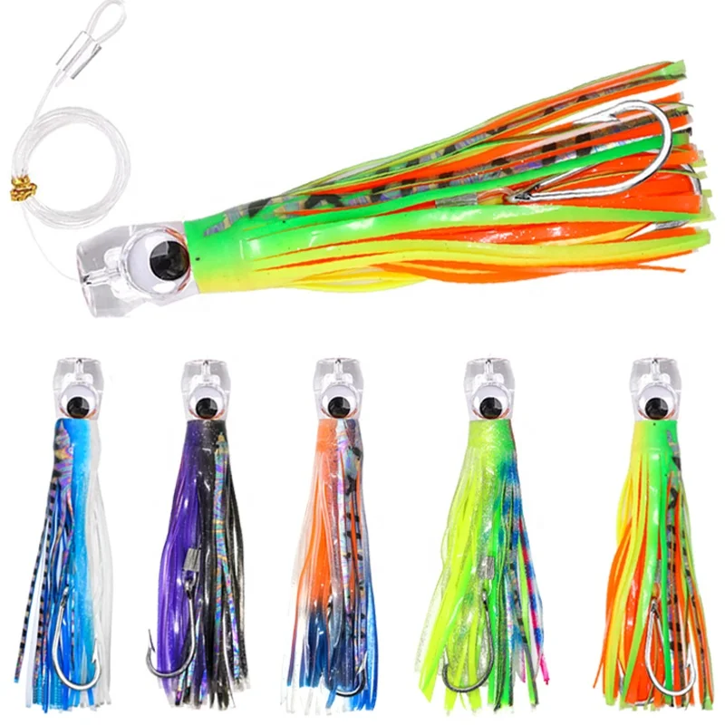 Yousya Lot 5 Colors Saltwater Trolling Fluorescent Bionic Fishing Lure  Skirt Tuna Mahi Bait with Hook 100g 9"