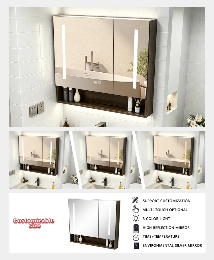 product aluminium vanity smart rectangular shaving led bathroom cabinet black mirror double door cabinet with mirror for hotel-4