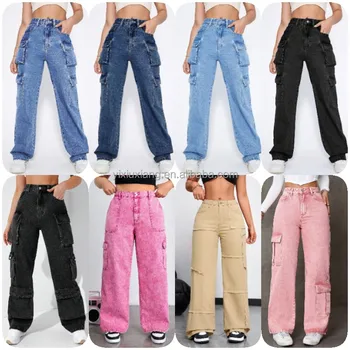 Wholesale Women's Loose Cargo Pants, Side Pockets, High Quality Custom Jeans