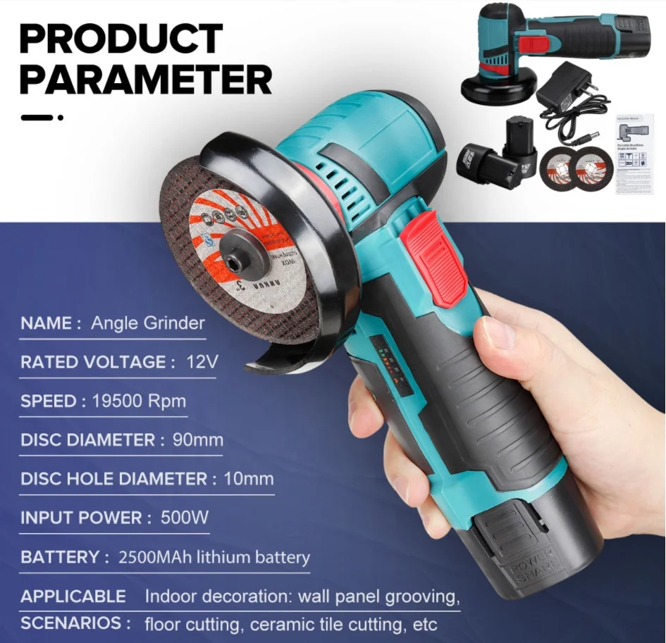 Miumaeov Cordless Grinder 500W 12V Mini Angle Grinder Polishing Machine Brushless Cordless Cutter Battery for Floor Tile Pipe PVC Pipe Cutting Metal