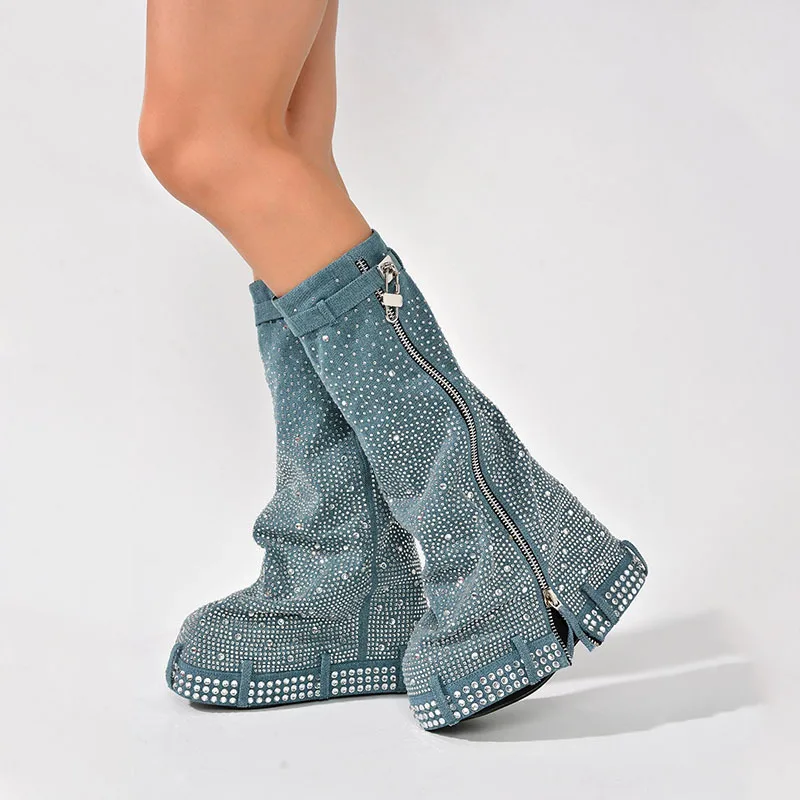 PDEP Round Toe Thick Bottom Cowboy Denim Boots Fashion Rhinestone Metal Buckle Zipper  Muffin Chunky Platform Boots Women
