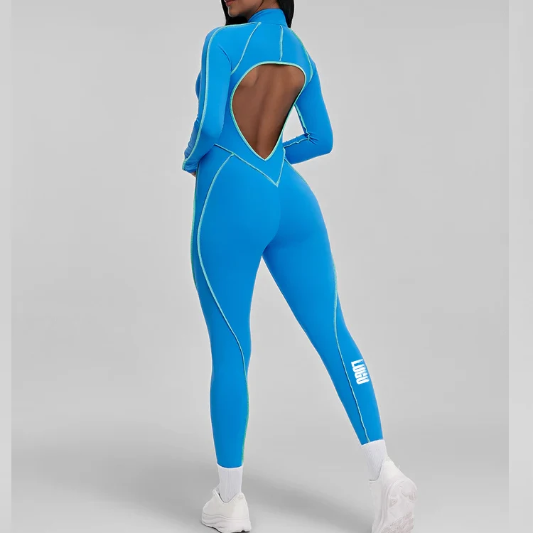 OEM Custom Manufacturers Long Sleeve Onesie Contouring Seams Open Back Bodysuit Zip up Jumpsuit Contour Stitch Catsuit for Women