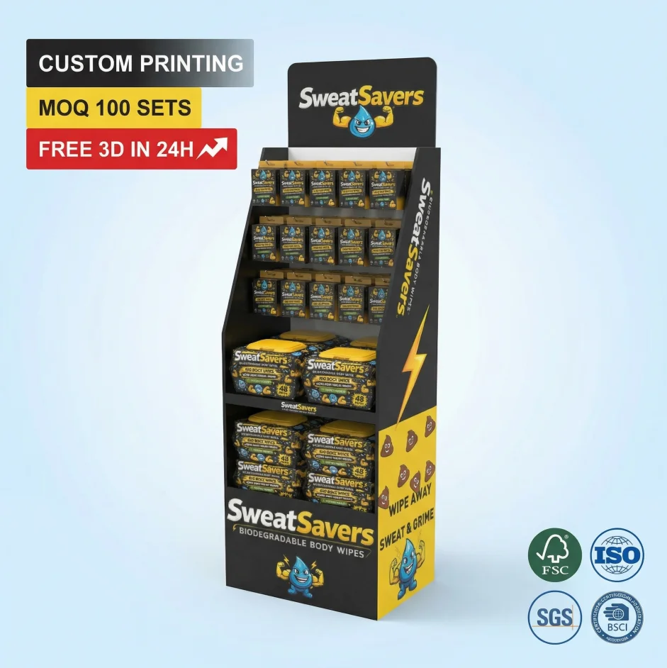 Custom Cardboard Floor Display Stand for Baby Wipes Retail POP POS Display Rack | FSC Corrugated Shelf for Supermarket Pharmacy