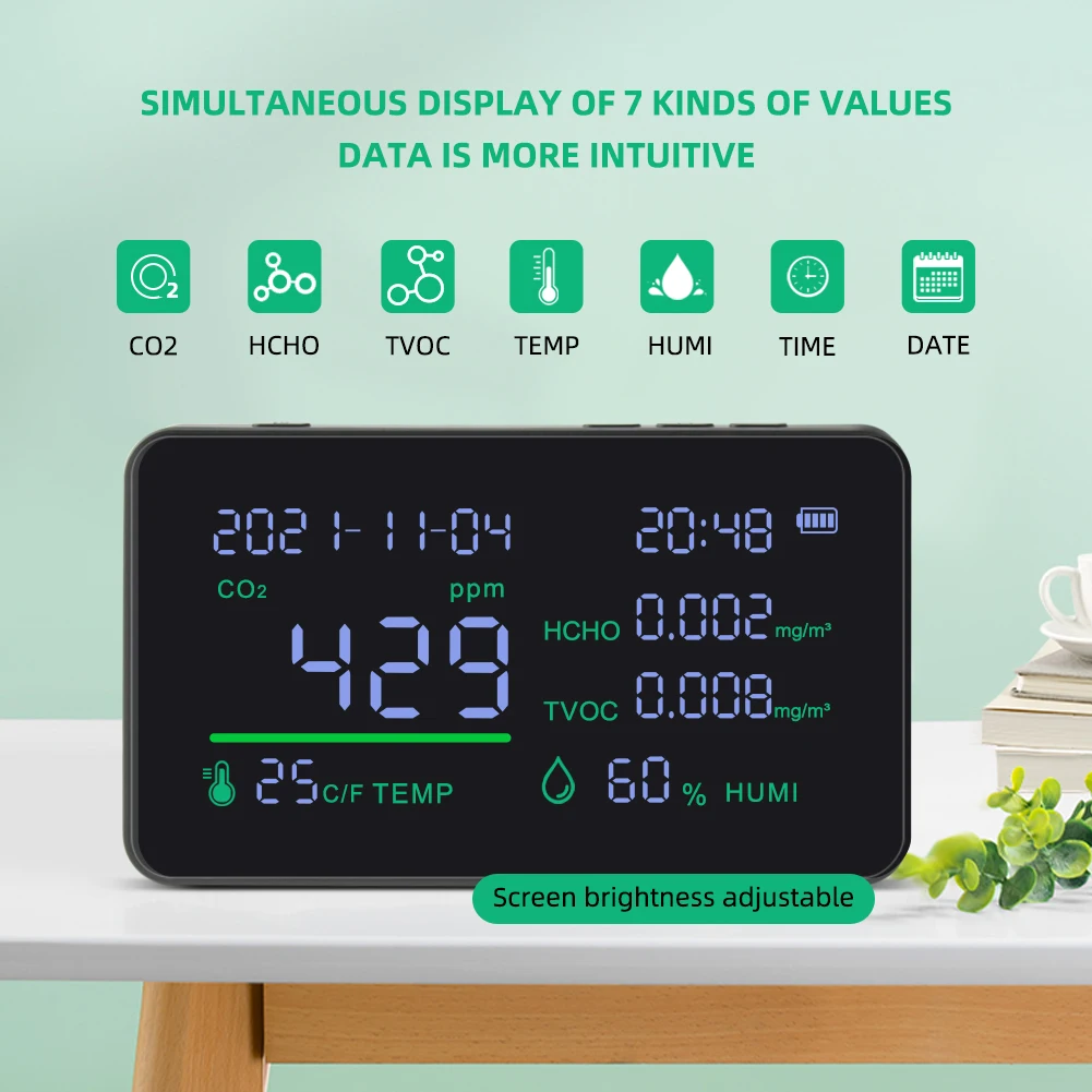 7-в-1 многофункциональный измеритель CO2 TVOC HCHO, тестер качества воздуха и газа, детектор температуры и влажности с ЖК-дисплеем, монитор загрязнения