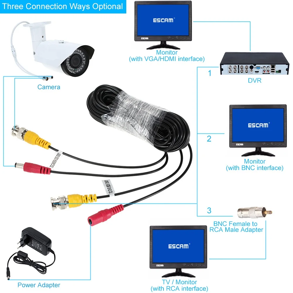 Custom Male to Female CCTV Camera Security Assembly RG59 Video BNC DC Power  Cable Black White Bare Copper Non-shielded CE RHOS