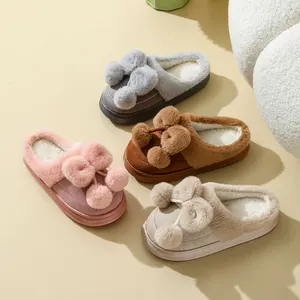 Women's Plush Bowknot Upper Fluffy Winter Warm Closed Toe Thick-soled EVA Outsole Anti-Slip Fur Slides for Comfort