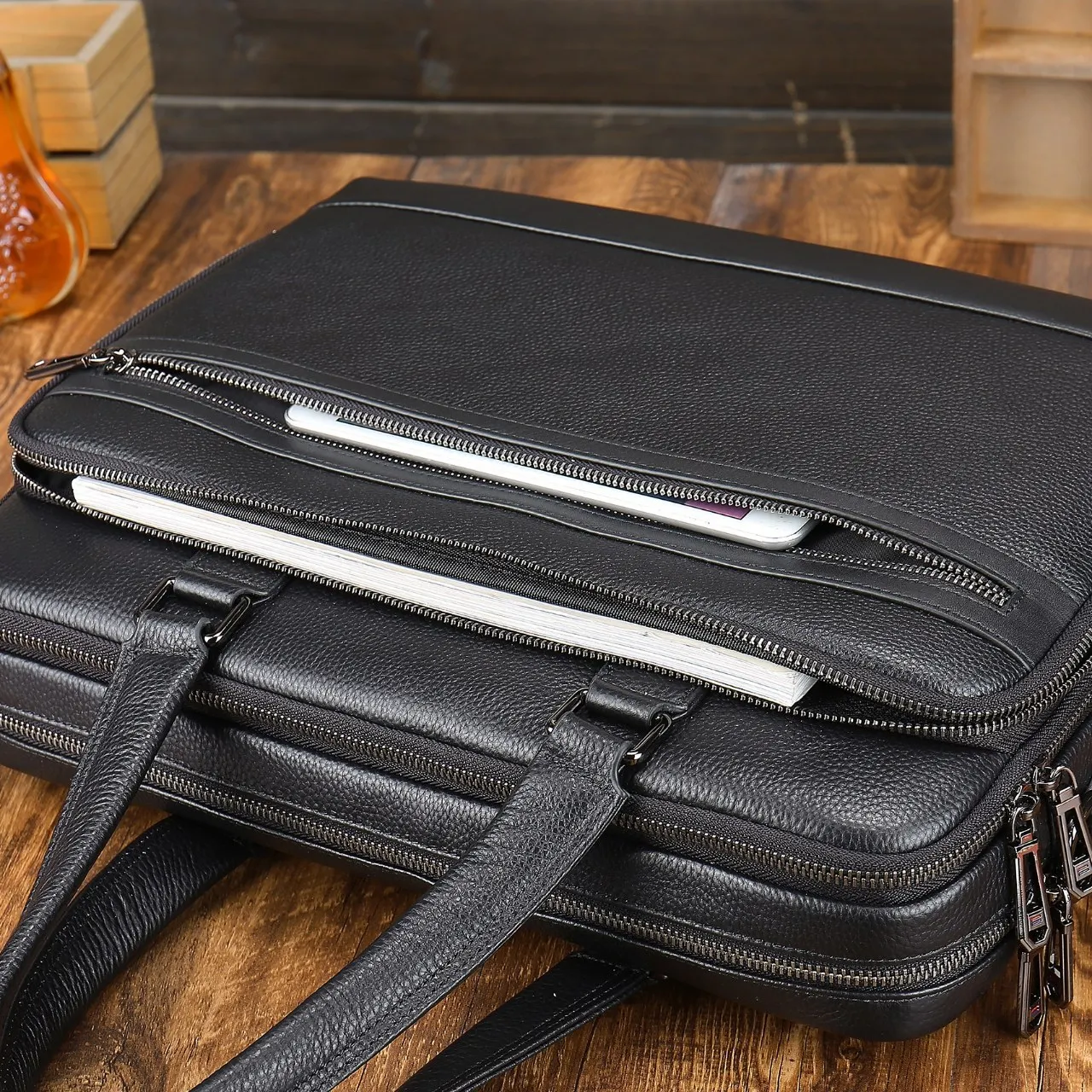 Hot Selling Office Business Style Black Real Cow Skin Cowhide Pebble Genuine Leather Computer Laptop Briefcases