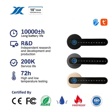 Tuya/TTlock Bedroom Hotel Fingerprint Smart Room Door Lock Gold Color Biometric Digital Handle Lock for Interior Wooden Door