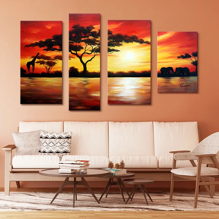 High Quality 4 Panel African Canvas Art Sunset Landscape Oil Painting for Wall Decor