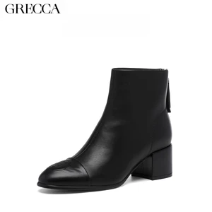 GRECCA Retro Fashion Leather Ankle Boots for Women All-Black Carved Accent Chunky Block Heel Slip-On Closure Versatile Outfits