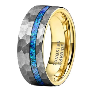 Coolstyle Jewelry 8mm Wholesale Blue Opal Inlay Hammered Gold Tungsten Ring for Men Women Fashion Engagement Wedding Band