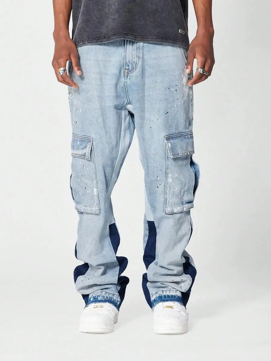 High Quality Streetwear Custom Contrast Color Paint Splatter Slim Flared Jean Stacked Flare Denim Pants Men_voghion.com
