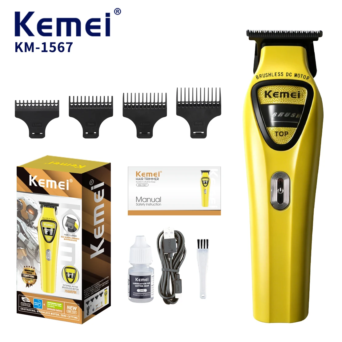 Tondeuse pour cheveux masculine à moteur extérieur sans balais Kemei KM-1567, 2000 mAh, 7500 tr/min, machine professionnelle pour barbiers et salons masculins, vente en gros directe d’usine
