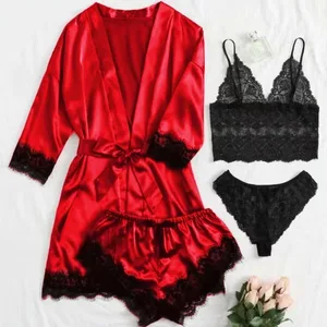 Women Pyjamas With Chest Pads Sexy Lace Female Pajamas Sets 4 Pieces Pajama Home Clothes Fashion Sleepwear