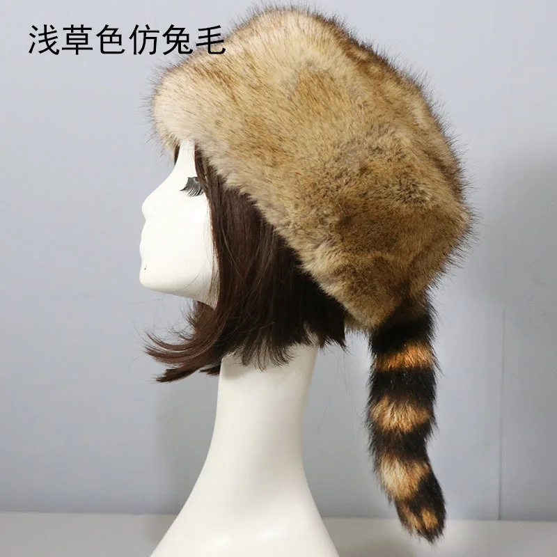 Raccoon Fur High Quality Style Faux Fur Warm Hats with Tail display picture 3