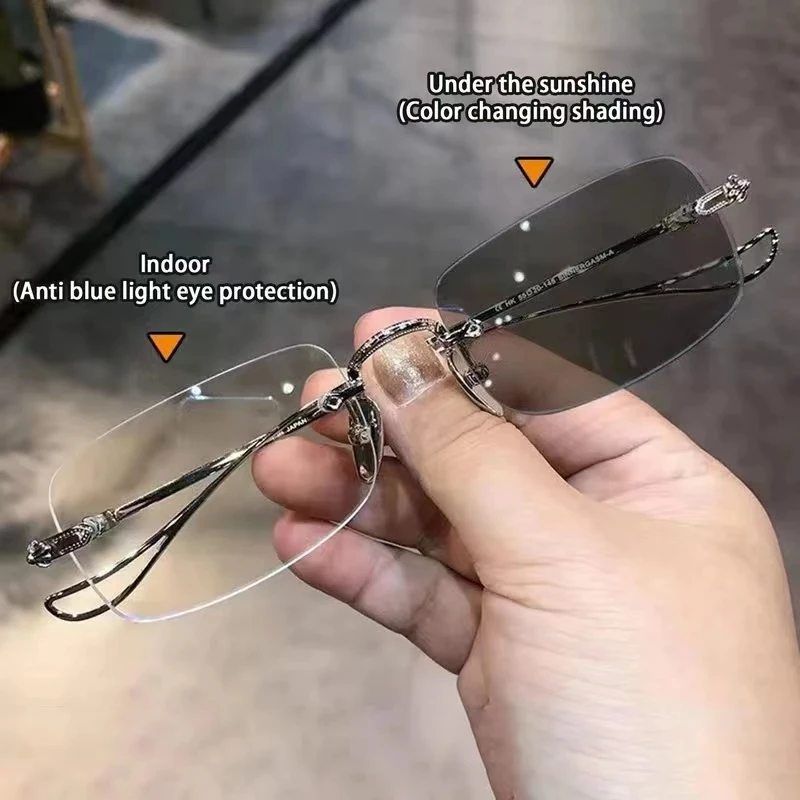 Small Rectangular Frame Anti Blue Light Photochromic Reading Glasses Women Mental Vintage Rimless Eye Protection Spectacles